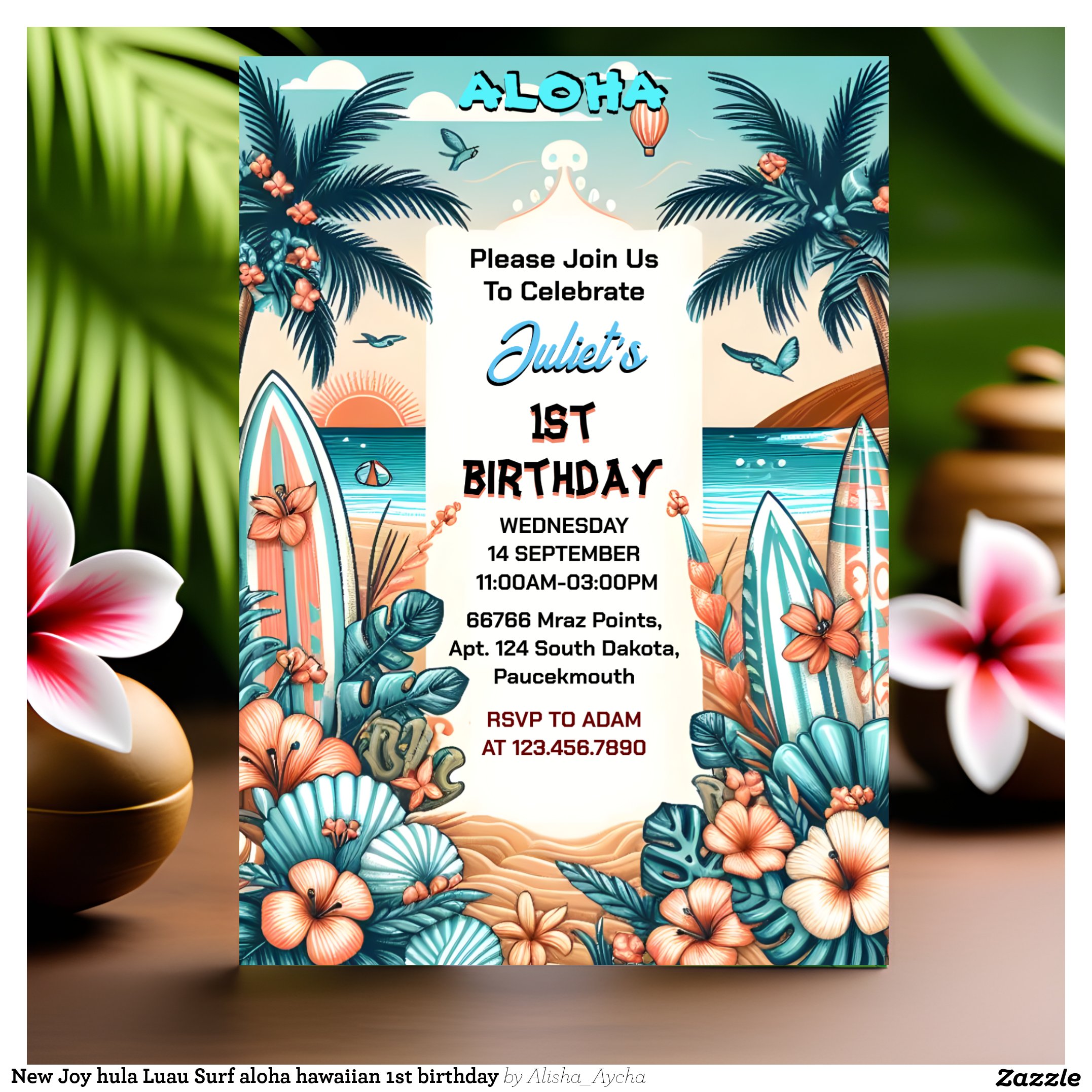 New Joy hula Luau Surf aloha hawaiian 1st birthday Invitation