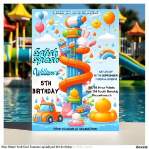 New Water Park Cool Summer splash pad 6th birthday Invitation