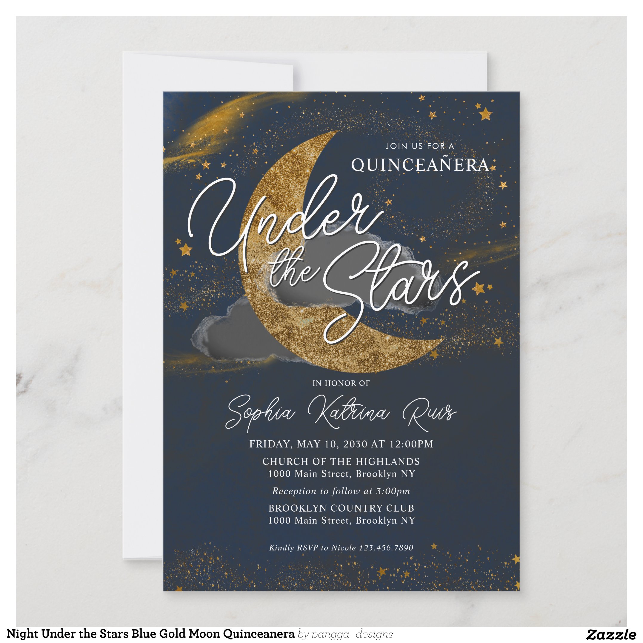 Night Under the Stars Blue Gold Moon Quinceanera Invitation