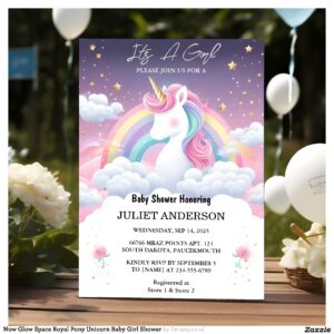 Now Glow Space Royal Pony Unicorn Baby Girl Shower Invitation