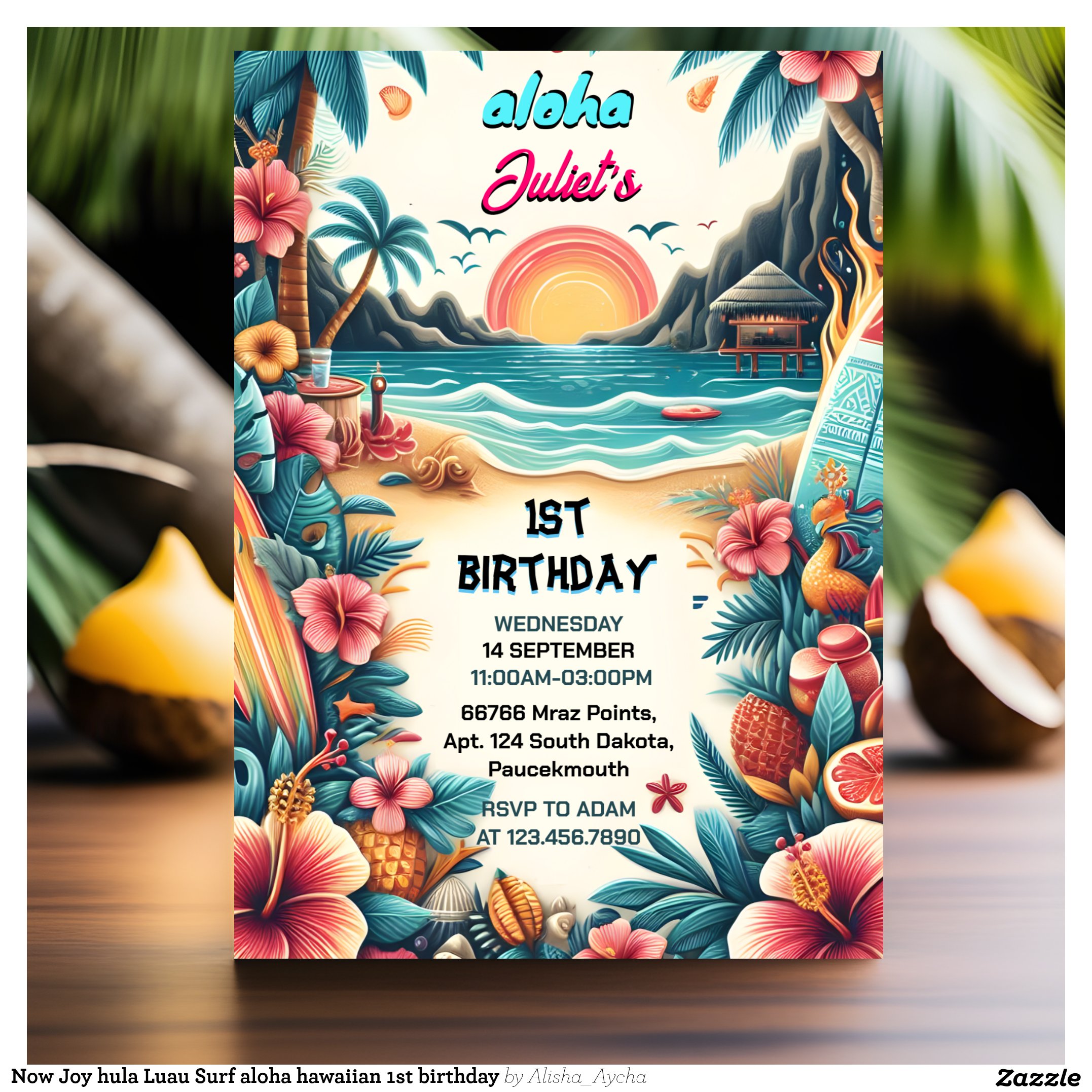 Now Joy hula Luau Surf aloha hawaiian 1st birthday Invitation