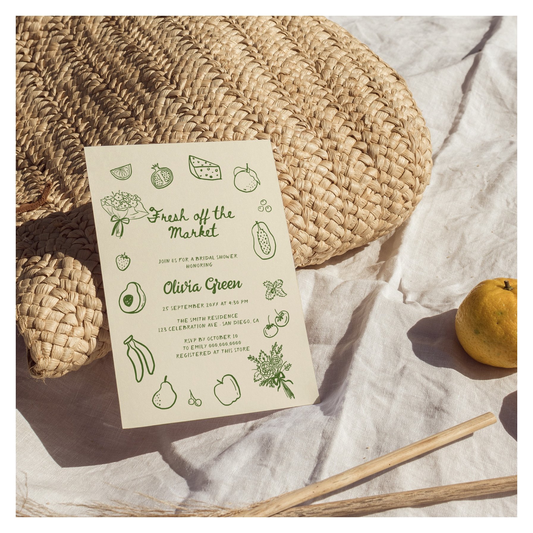 Off The Market Green Hand Drawn Bridal Shower Invitation