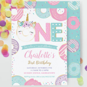 ONE 1st Birthday Unicorn Donuts Doughnuts Pastel Invitation