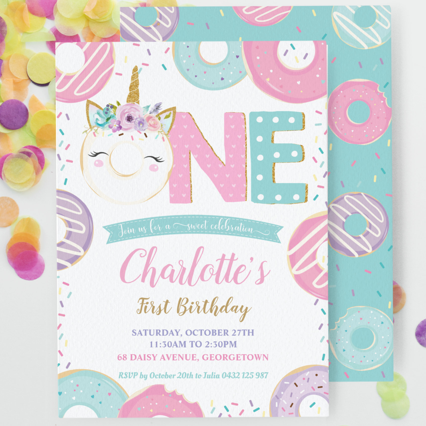ONE 1st Birthday Unicorn Donuts Doughnuts Pastel Invitation