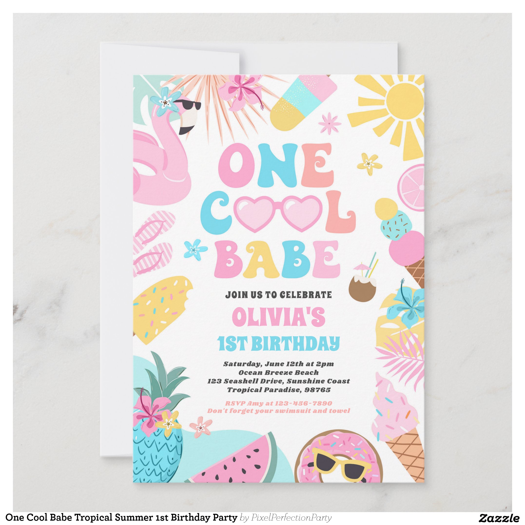 One Cool Babe Tropical Summer 1st Birthday Party Invitation