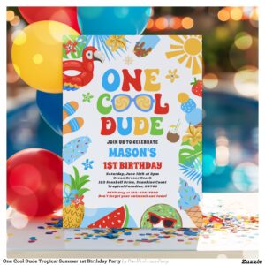 One Cool Dude Tropical Summer 1st Birthday Party Invitation