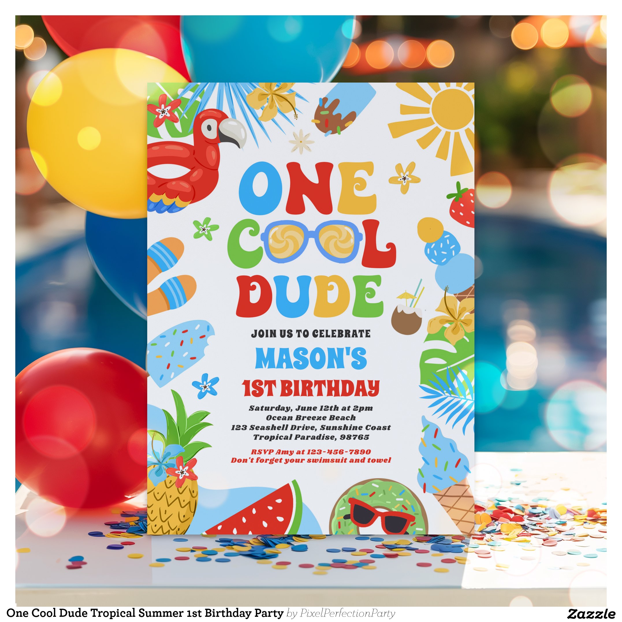 One Cool Dude Tropical Summer 1st Birthday Party Invitation