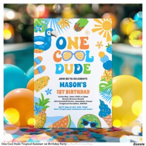 One Cool Dude Tropical Summer 1st Birthday Party Invitation
