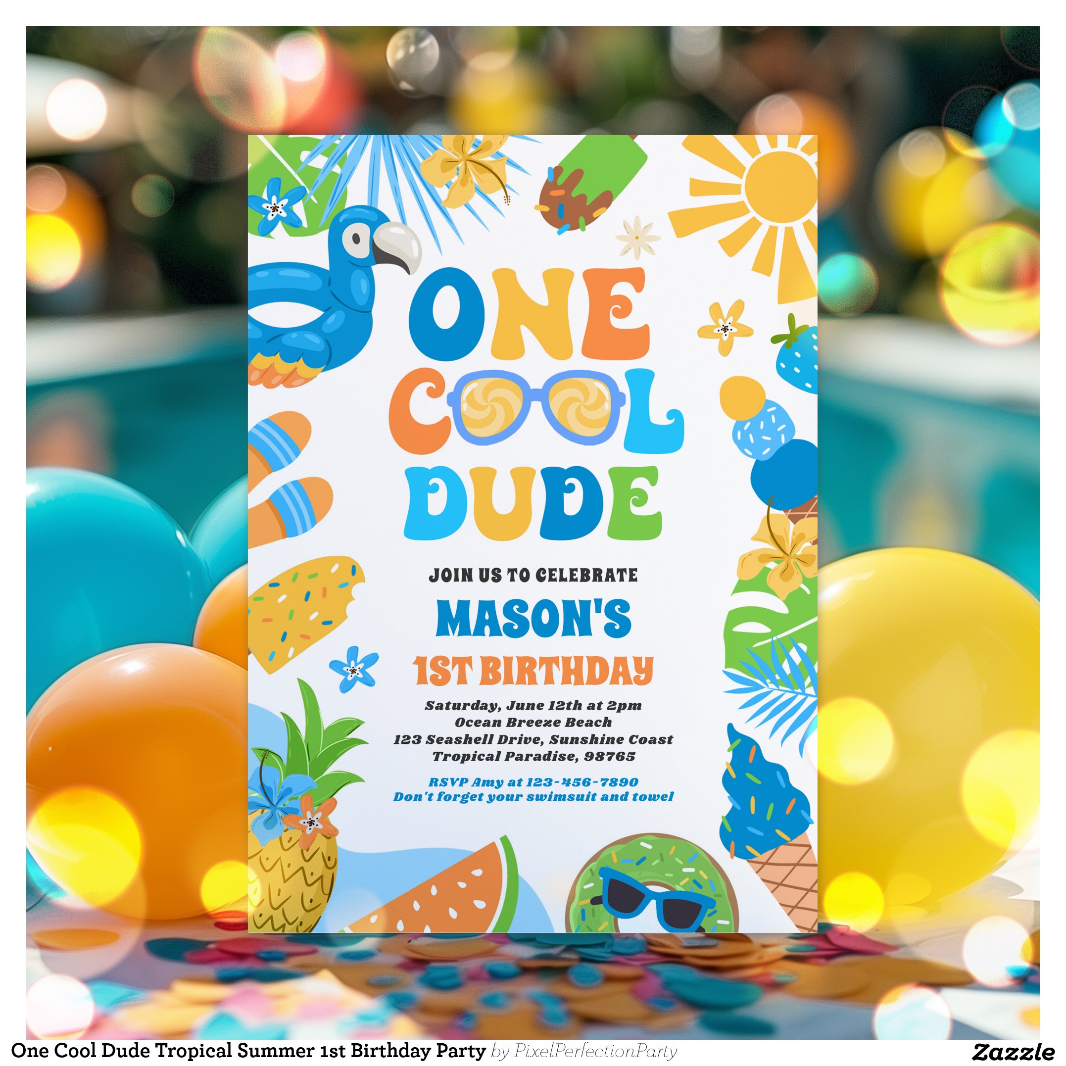 One Cool Dude Tropical Summer 1st Birthday Party Invitation