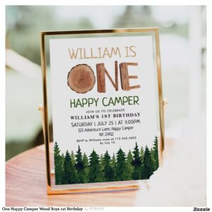 One Happy Camper Wood Boys 1st Birthday Invitation