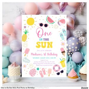One in the Sun Boho Pool Party 1st Birthday Invitation