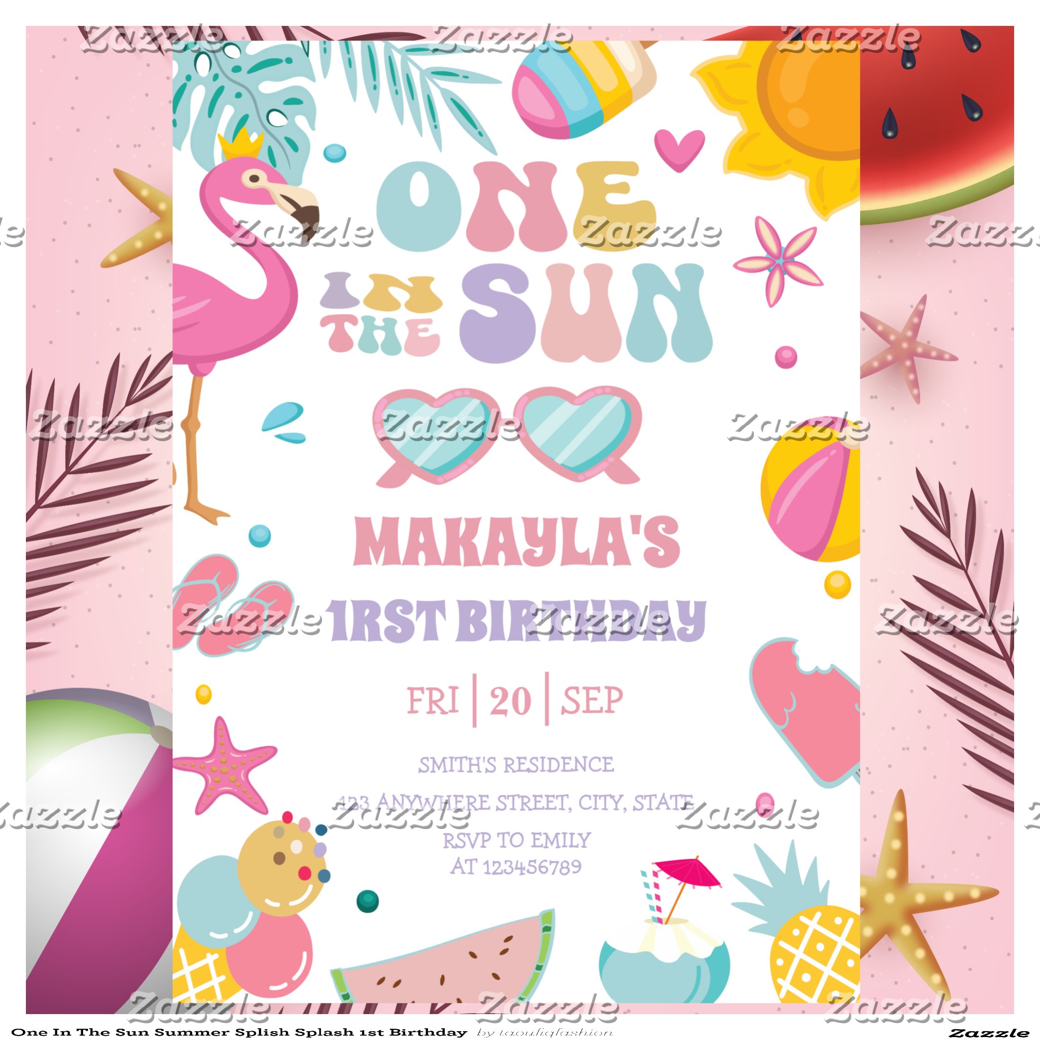 One In The Sun Summer Splish Splash 1st Birthday Invitation