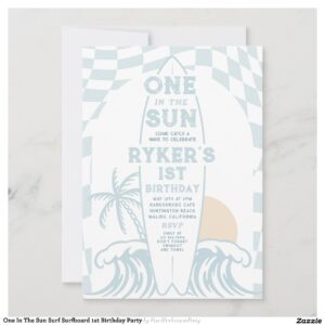 One In The Sun Surf Surfboard 1st Birthday Party Invitation