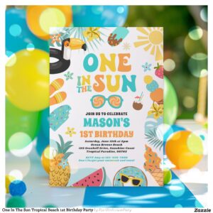 One In The Sun Tropical Beach 1st Birthday Party Invitation
