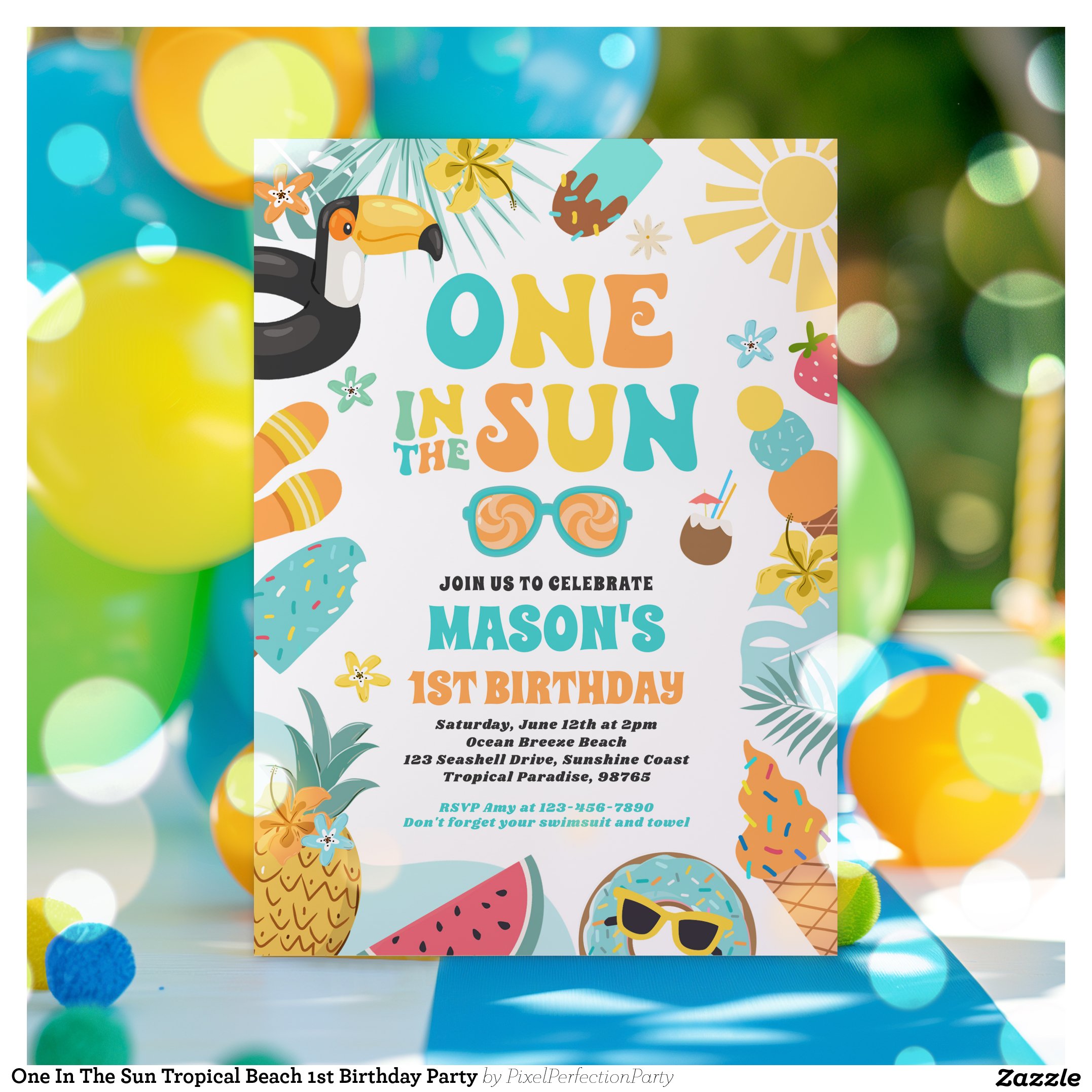 One In The Sun Tropical Beach 1st Birthday Party Invitation
