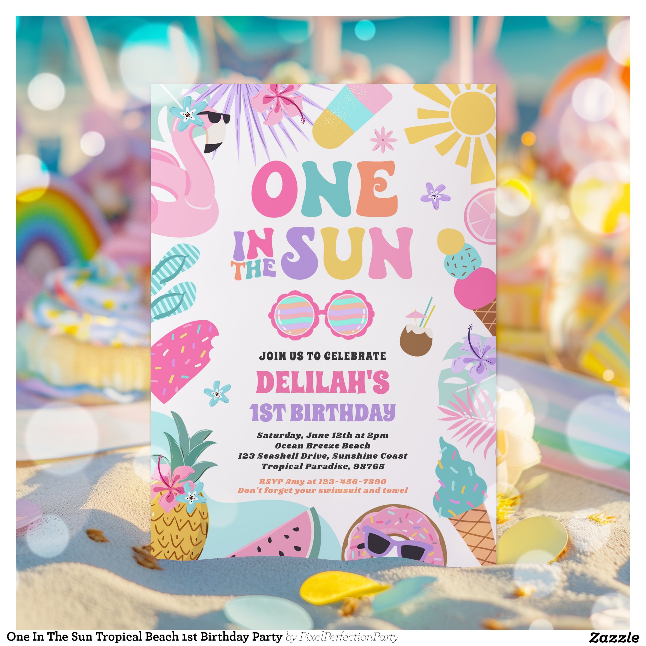 One In The Sun Tropical Beach 1st Birthday Party Invitation