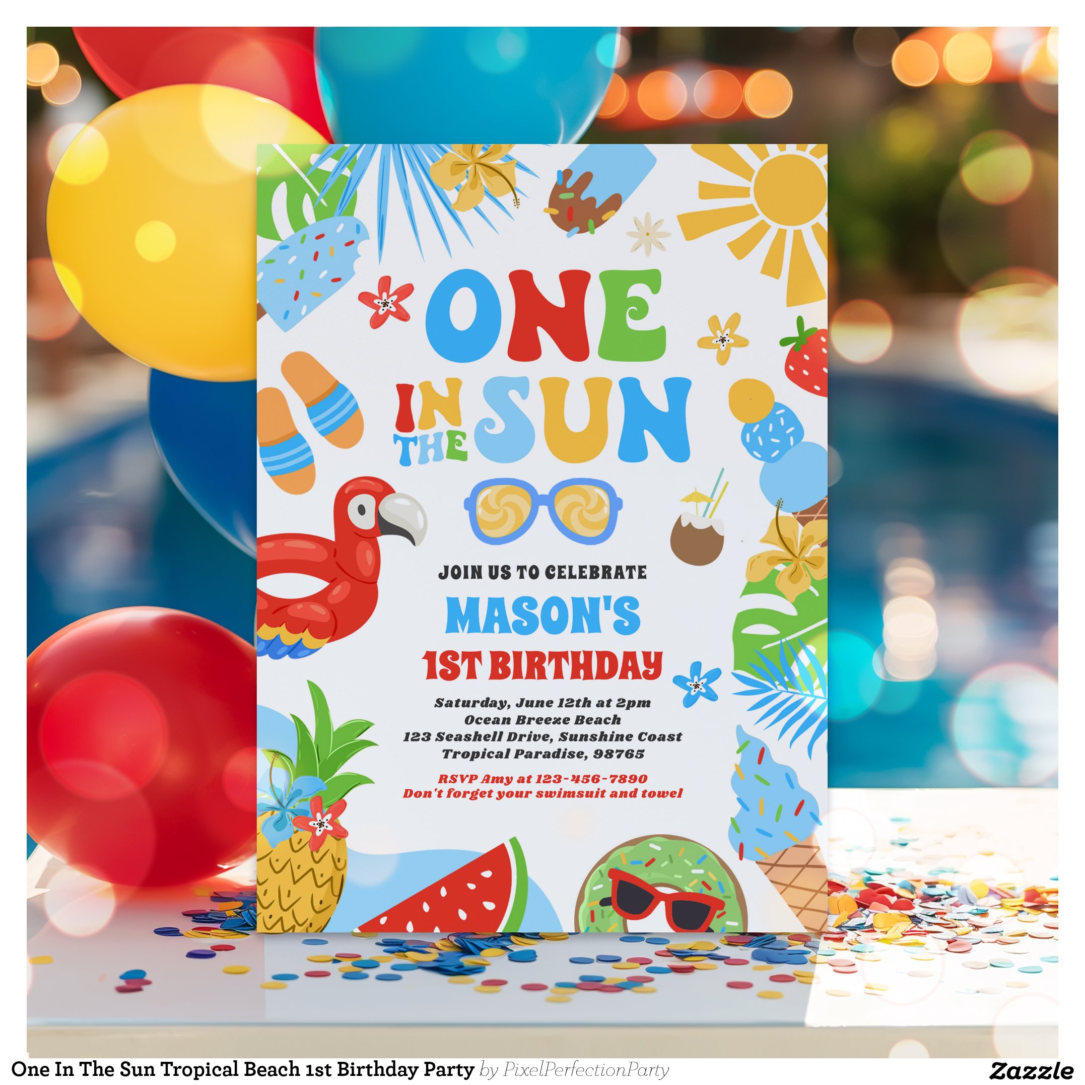 One In The Sun Tropical Beach 1st Birthday Party Invitation