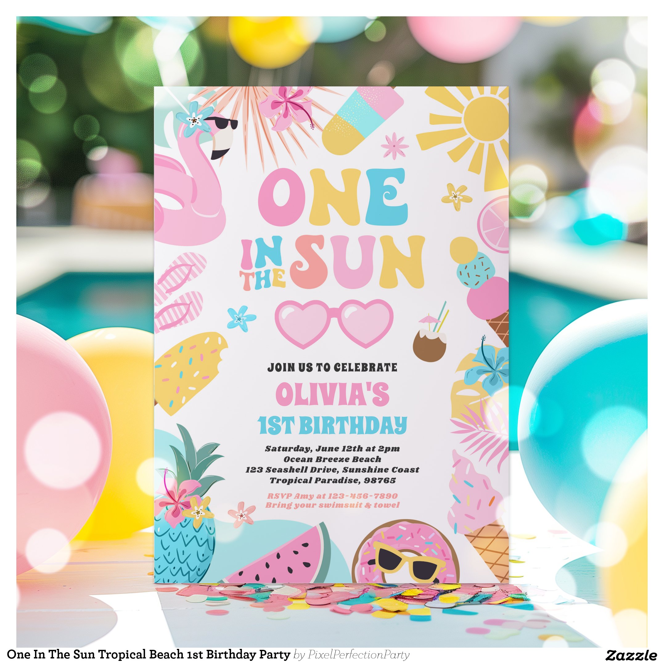 One In The Sun Tropical Beach 1st Birthday Party Invitation