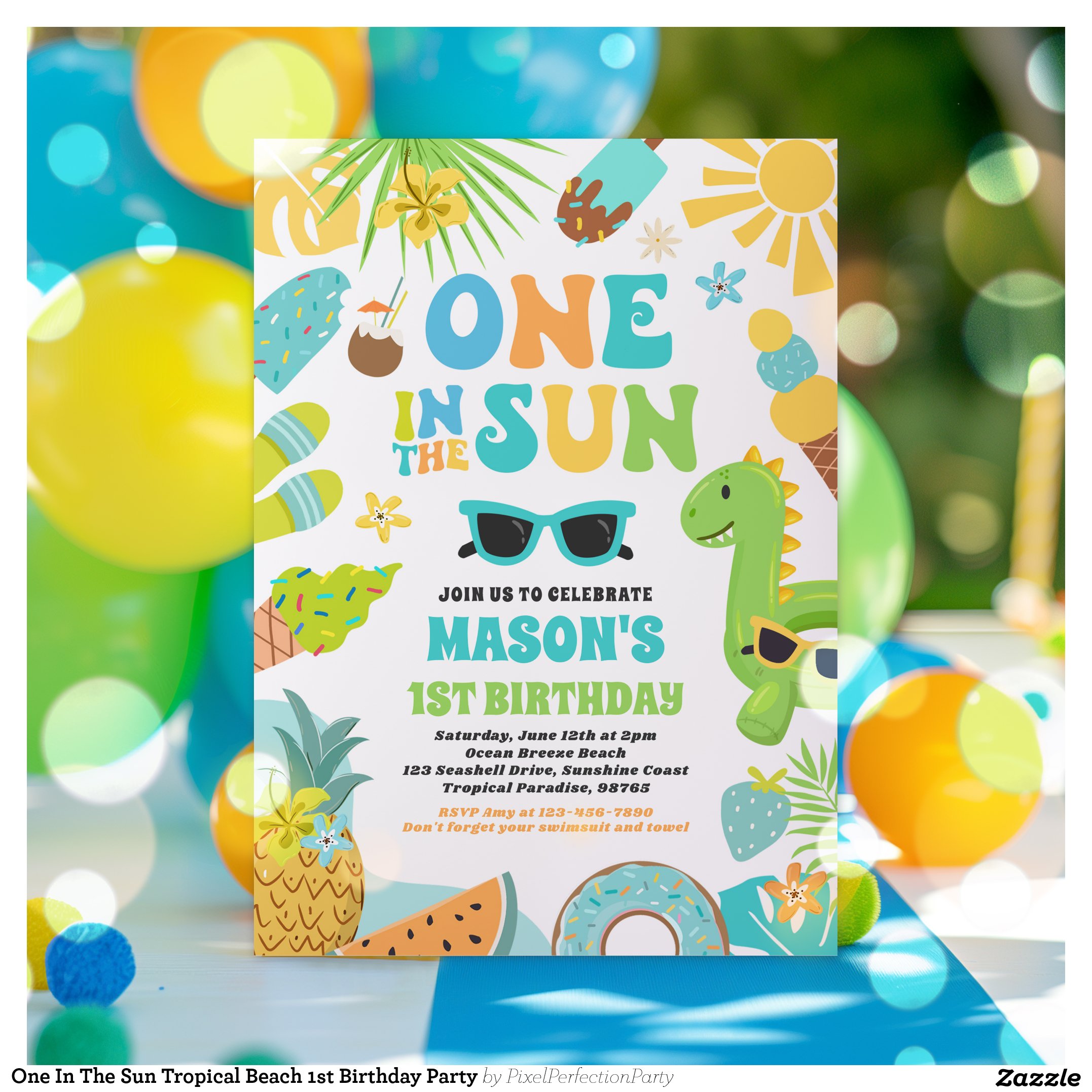 One In The Sun Tropical Beach 1st Birthday Party Invitation