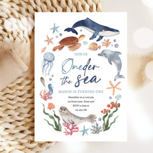 Oneder the Sea Nautical Ocean 1st First Birthday Invitation