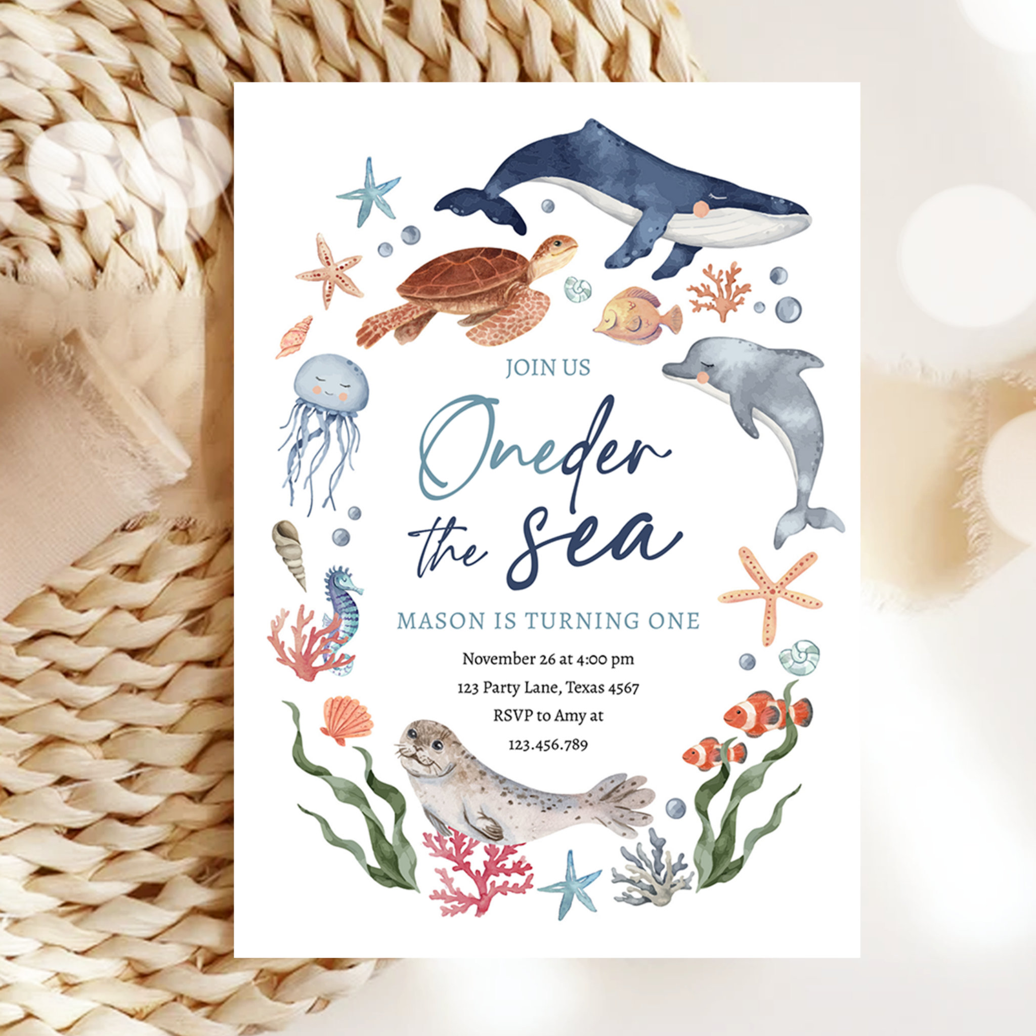 Oneder the Sea Nautical Ocean 1st First Birthday Invitation