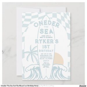 Oneder The Sea Surf Surfboard 1st Birthday Party Invitation