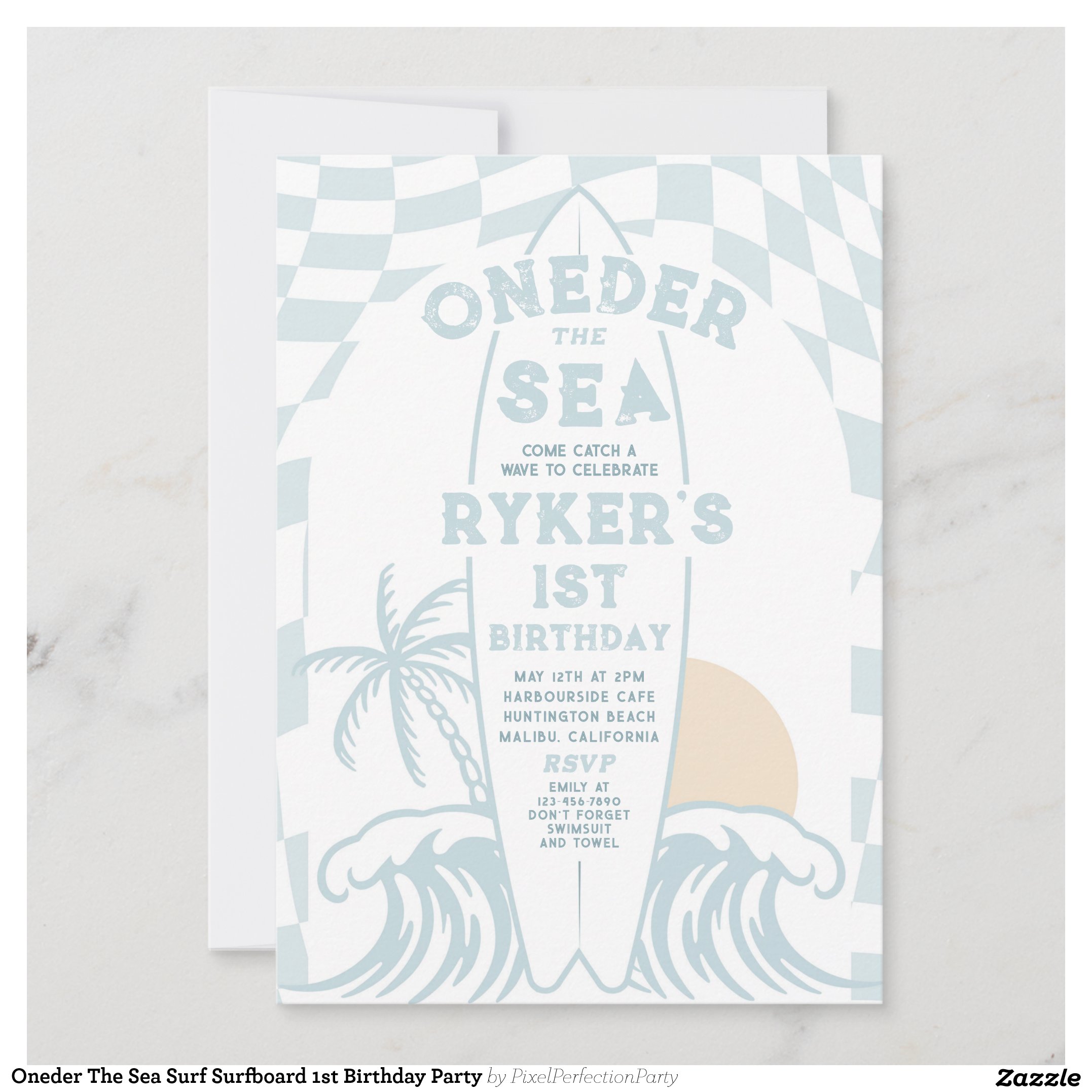 Oneder The Sea Surf Surfboard 1st Birthday Party Invitation