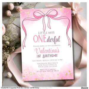 Onederful Coquette Pink Bow Glitter 1st Birthday Invitation