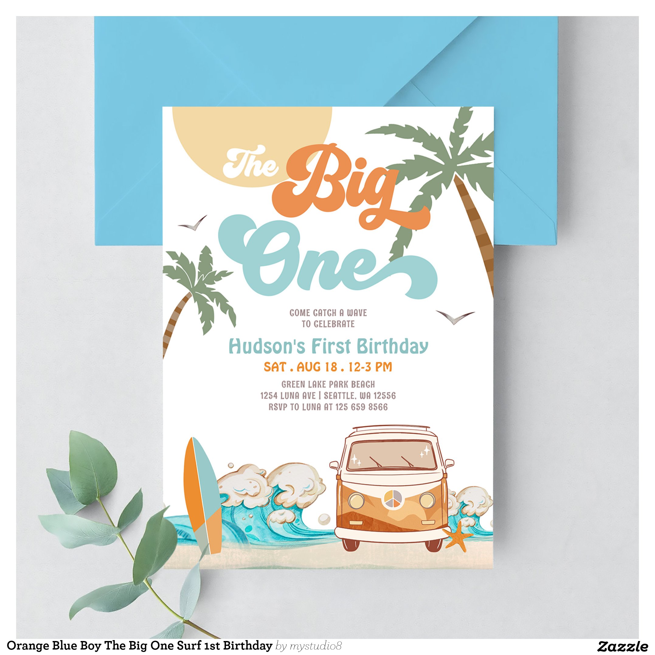 Orange Blue Boy The Big One Surf 1st Birthday Invitation