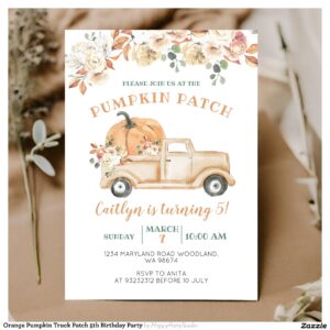 Orange Pumpkin Truck Patch 5th Birthday Party Invitation