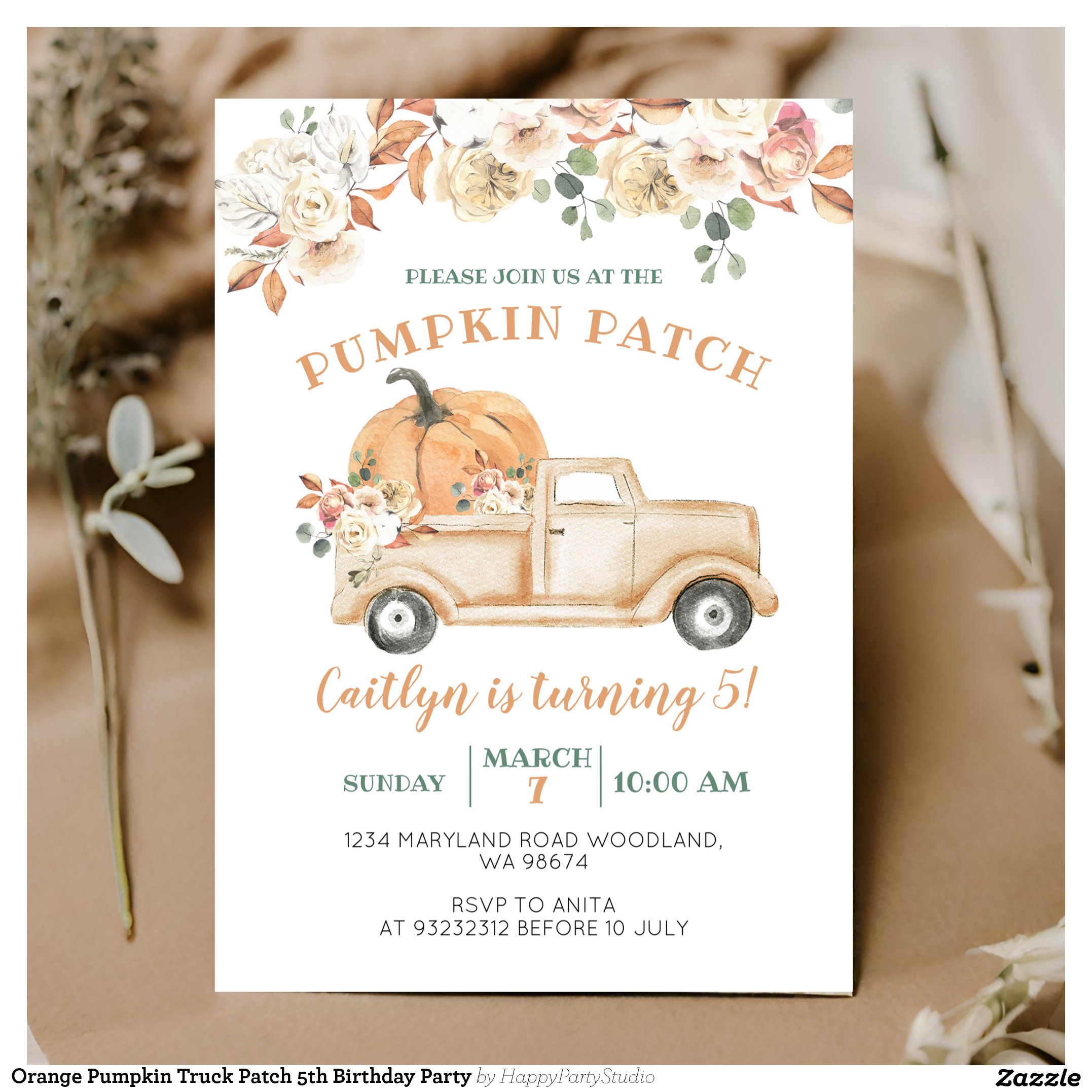 Orange Pumpkin Truck Patch 5th Birthday Party Invitation
