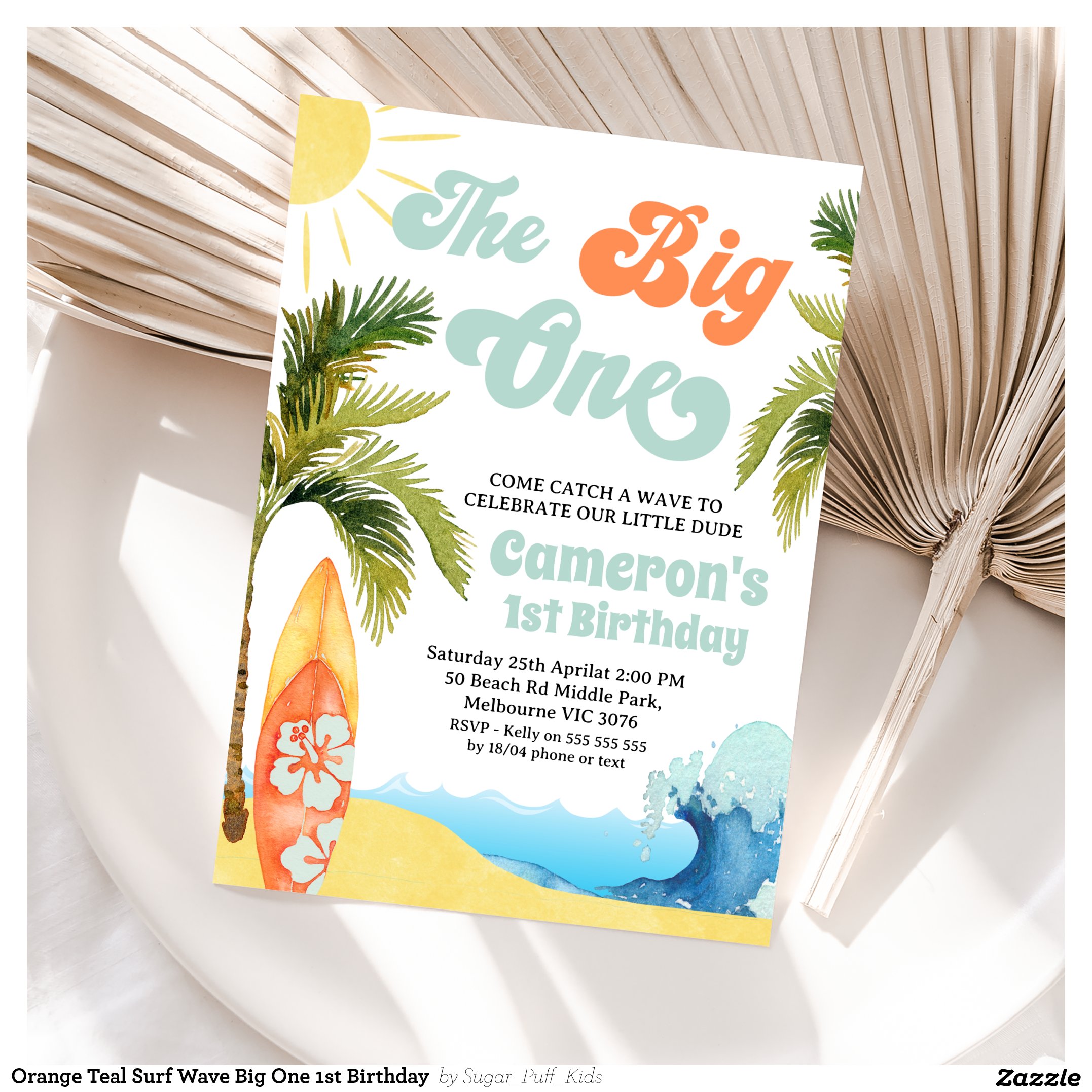 Orange Teal Surf Wave Big One 1st Birthday Invitation