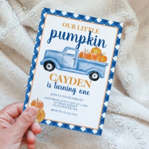 Our Little Pumpkin Blue truck Fall Birthday Invitation