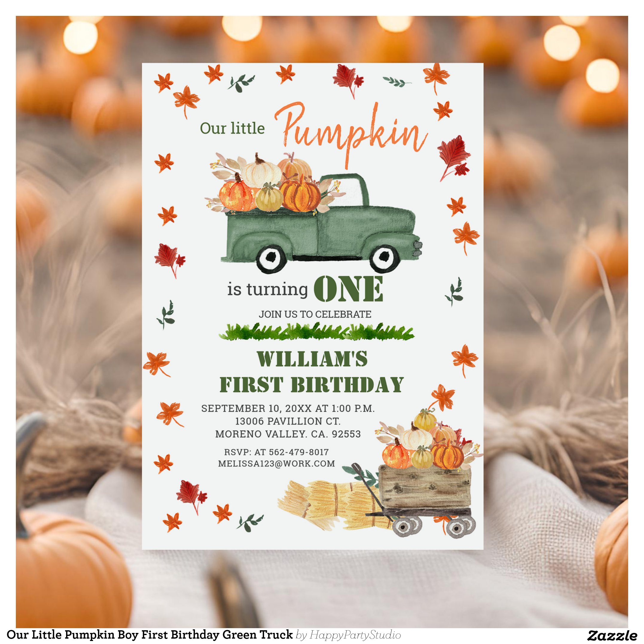 Our Little Pumpkin Boy First Birthday Green Truck Invitation