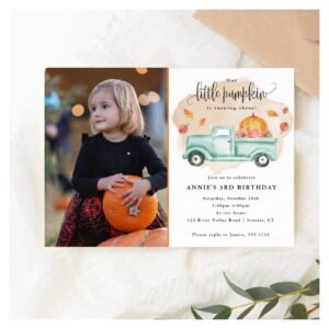 Our Little Pumpkin Fall Farm Truck Birthday Photo Invitation