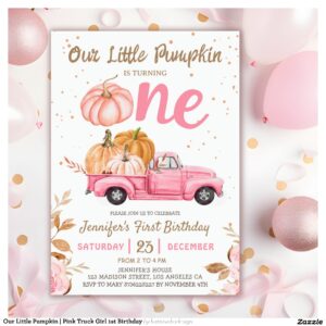 Our Little Pumpkin Pink Truck Girl 1st Birthday Invitation