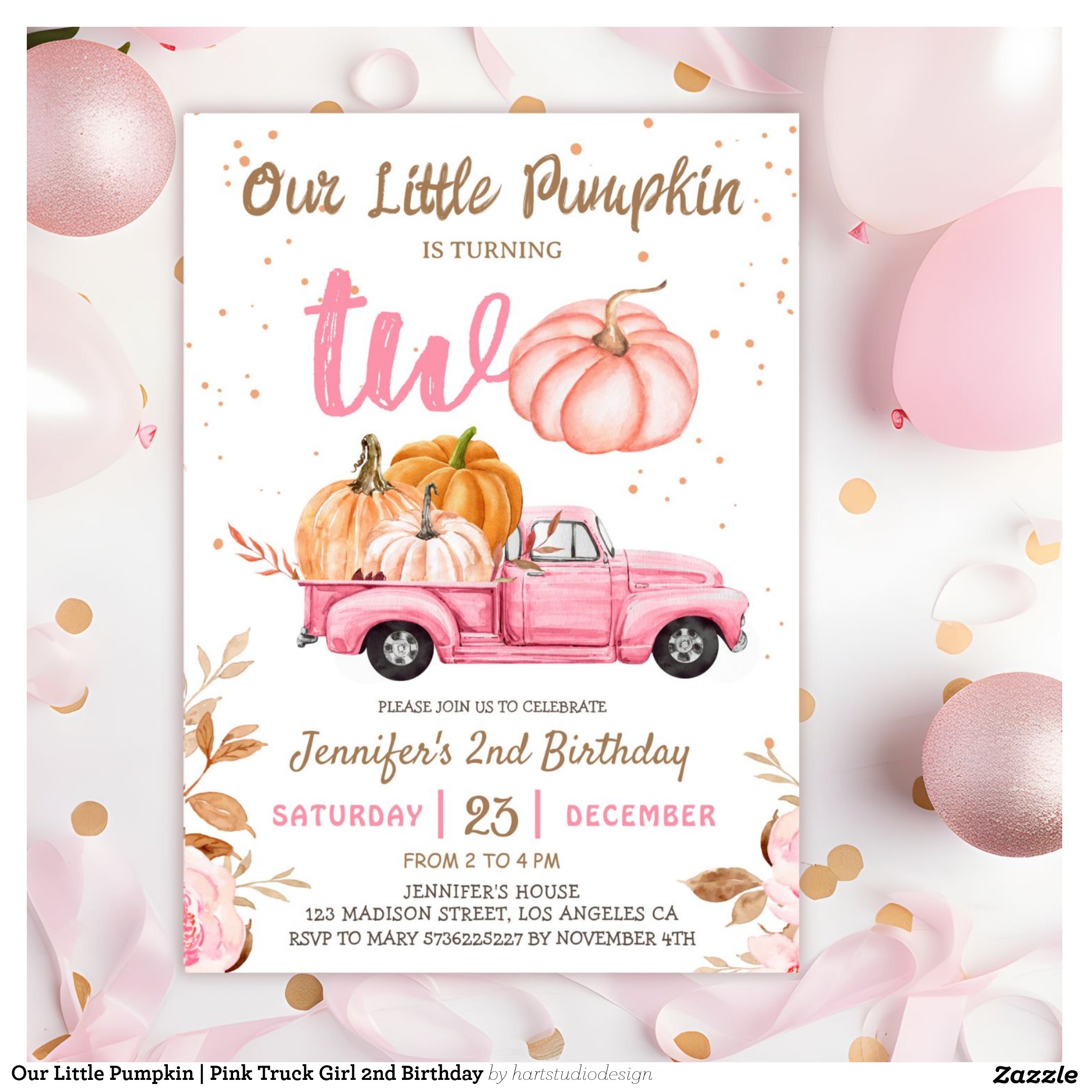 Our Little Pumpkin Pink Truck Girl 2nd Birthday Invitation