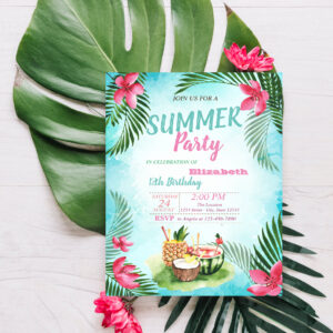 Palm Leaf,Tropical Flowers,Fruits Birthday Party Invitation