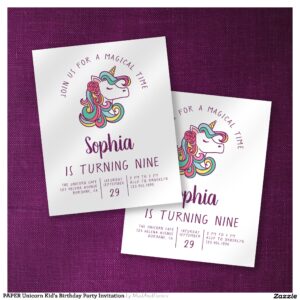 PAPER Unicorn Kid's Birthday Party Invitation