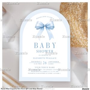 Pastel Blue Coquette Bow Arch QR Code Baby Shower Invitation