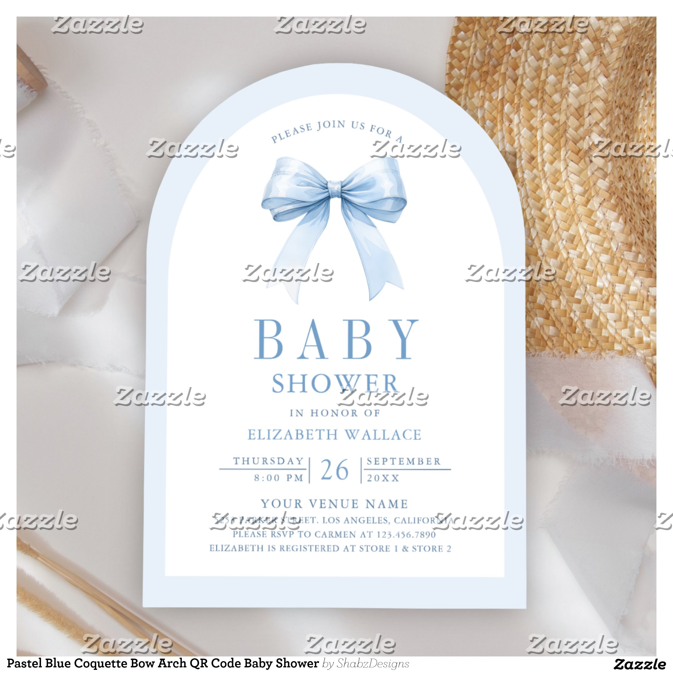 Pastel Blue Coquette Bow Arch QR Code Baby Shower Invitation