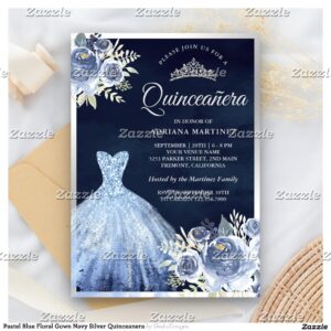 Pastel Blue Floral Gown Navy Silver Quinceanera Invitation