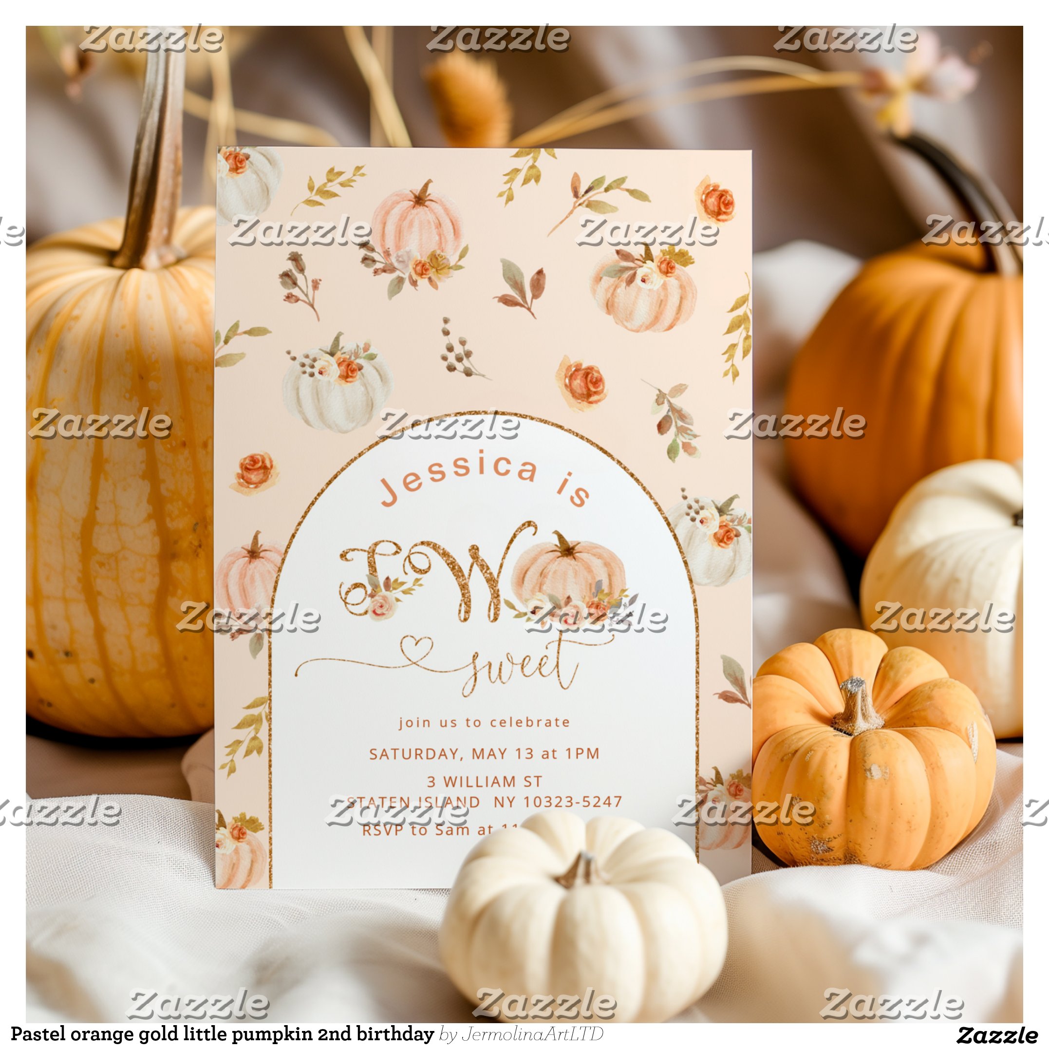 Pastel orange gold little pumpkin 2nd birthday invitation