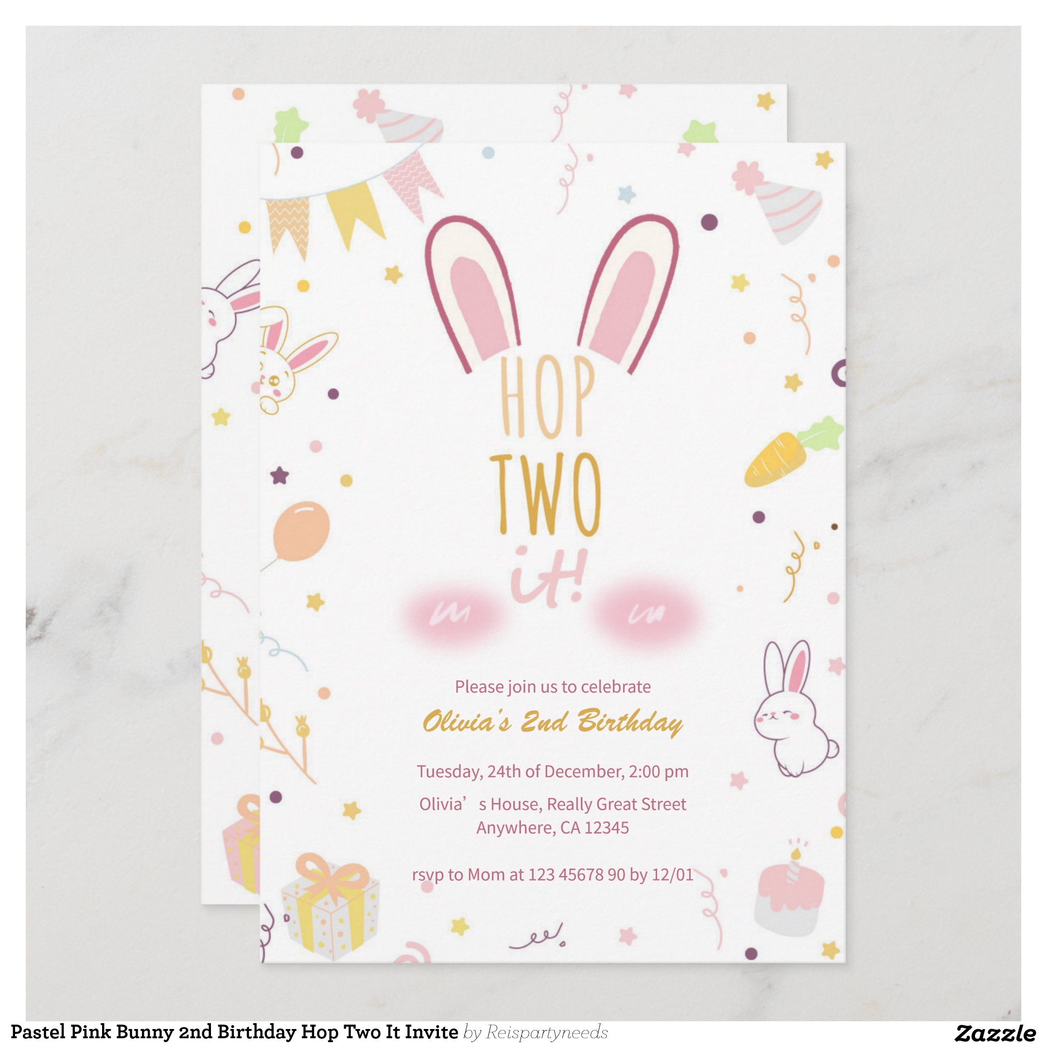 Pastel Pink Bunny 2nd Birthday Hop Two It Invite