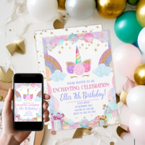 Pastel Rainbow Unicorn Girls Birthday Invitation