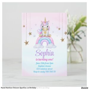 Pastel Rainbow Unicorn Sparkles 1st Birthday Invitation