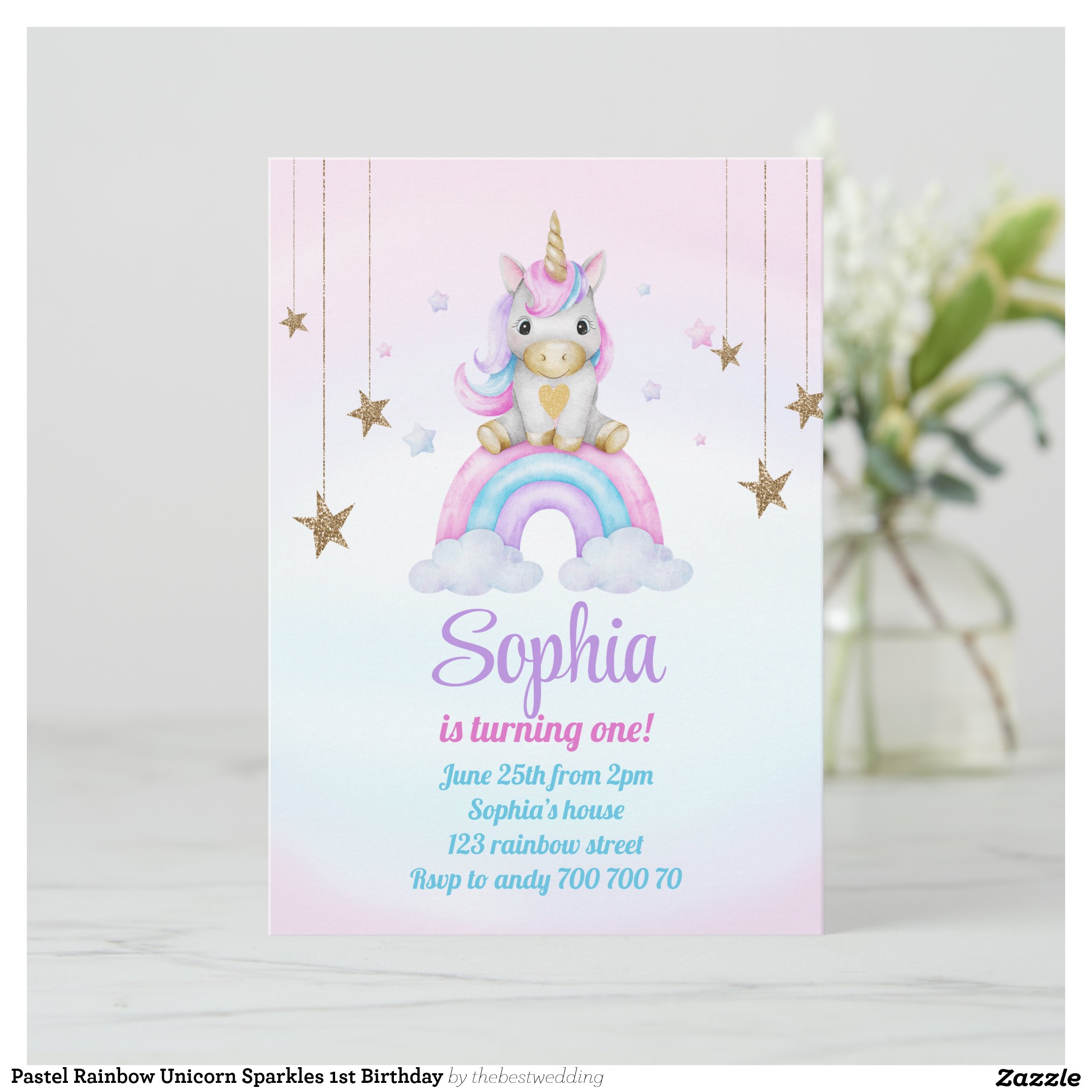 Pastel Rainbow Unicorn Sparkles 1st Birthday Invitation