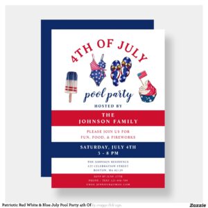 Patriotic Red White & Blue July Pool Party 4th Of Invitation