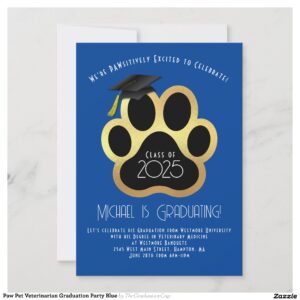 Paw Pet Veterinarian Graduation Party Blue Invitation