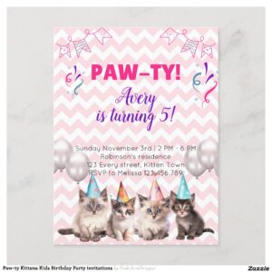 Paw-ty Kittens Kids Birthday Party invitations